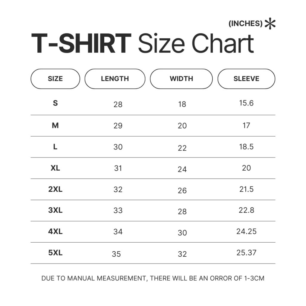 T shirt Size Chart - Chrono Trigger Merch